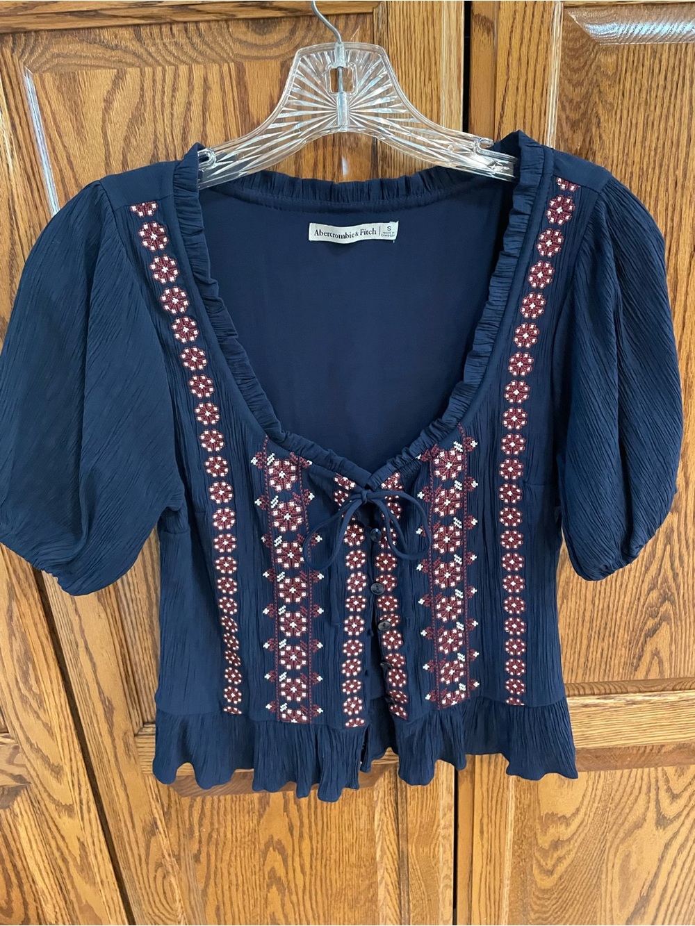 Abercrombie & Fitch Navy Embroidered Tie-Front Peasant Top